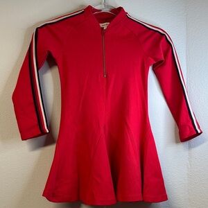 Catimini Girls Red Half-Zip Mock Neck Dress Striped Sleeves Girls Size 7 EUC